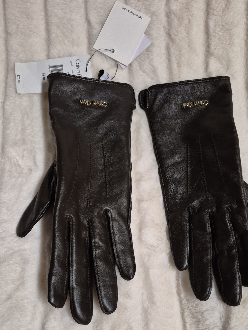 Calvin Klein Black Leather Gloves with Gold Logo
